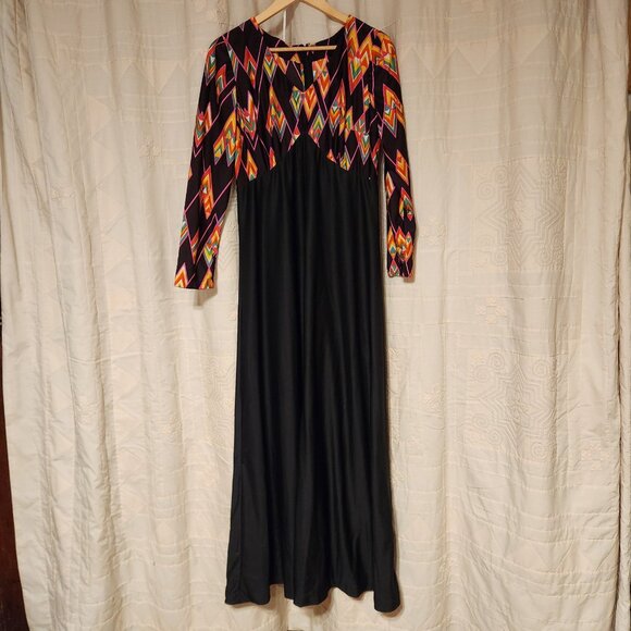 🌈 VTG 70s Geometric Maxi Gown Black Pink Orange Disco 🕺 - Picture 2 of 7